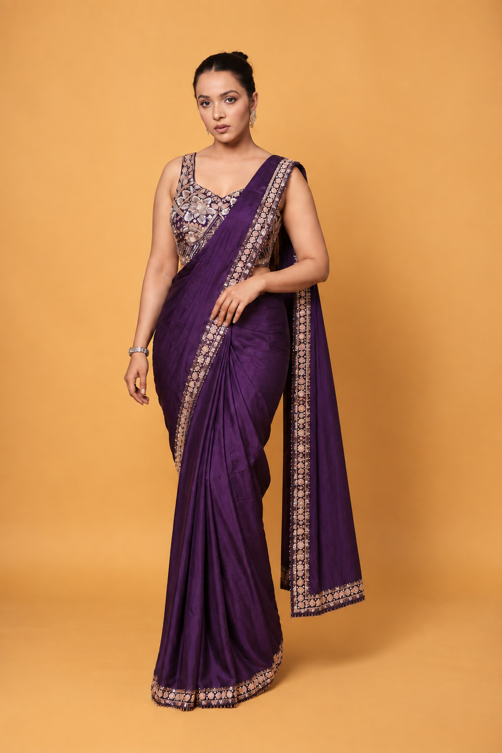 Dark Purple Satin Silk Pre-Draped Saree with Embroidered Border
