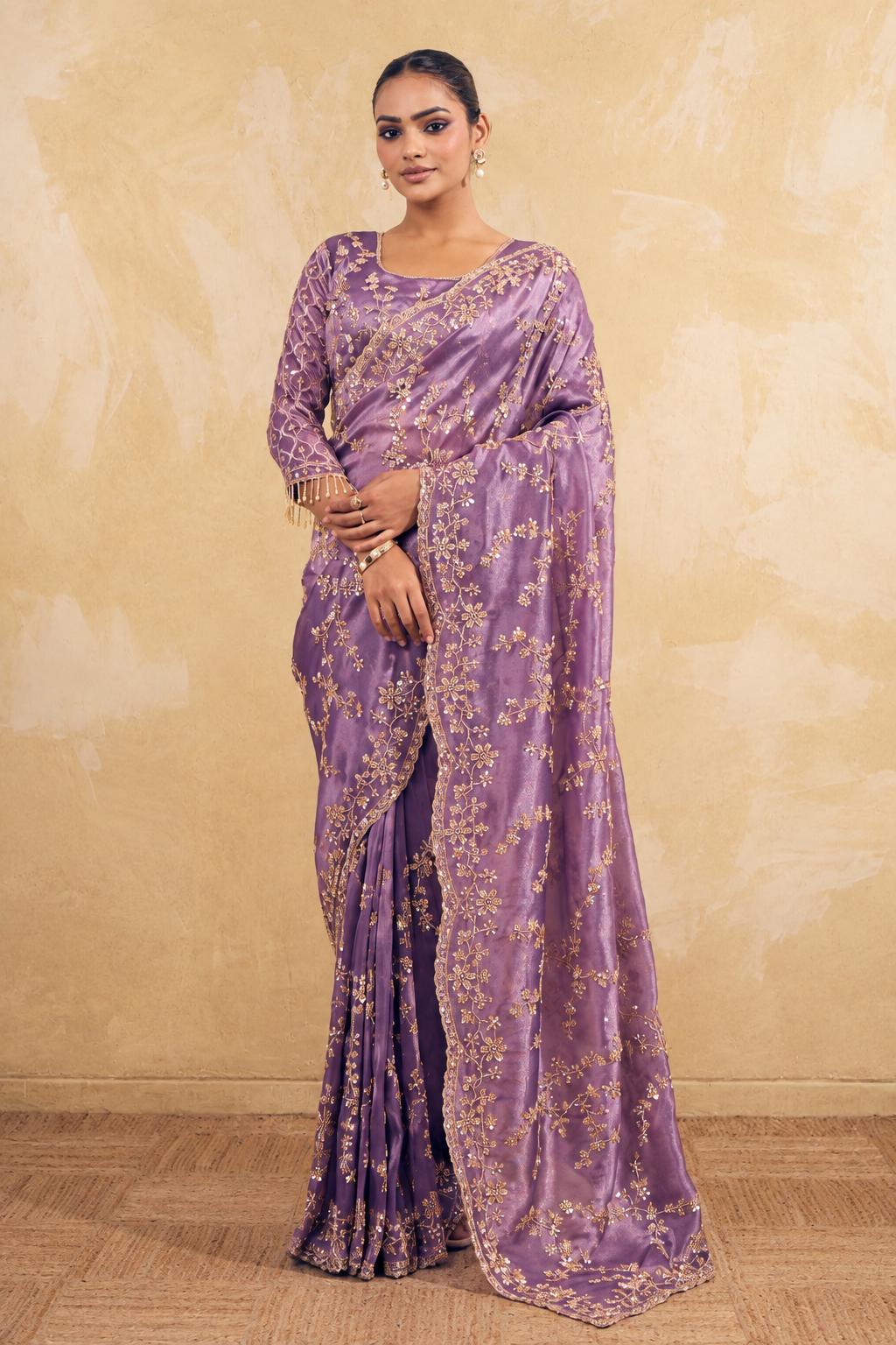 Lavender Purple Organza Saree with Embroidered work