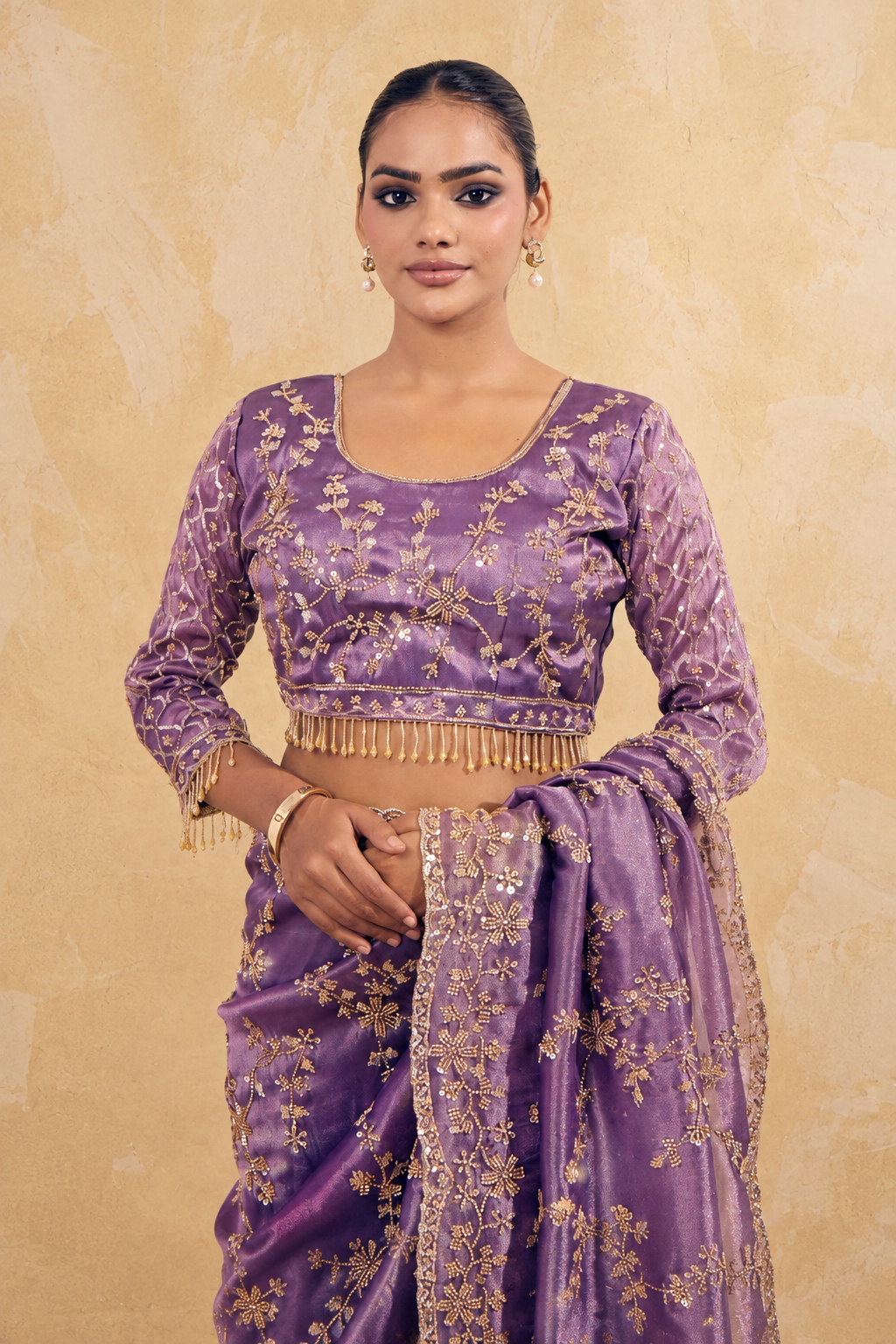 Lavender Purple Organza Saree with Embroidered work