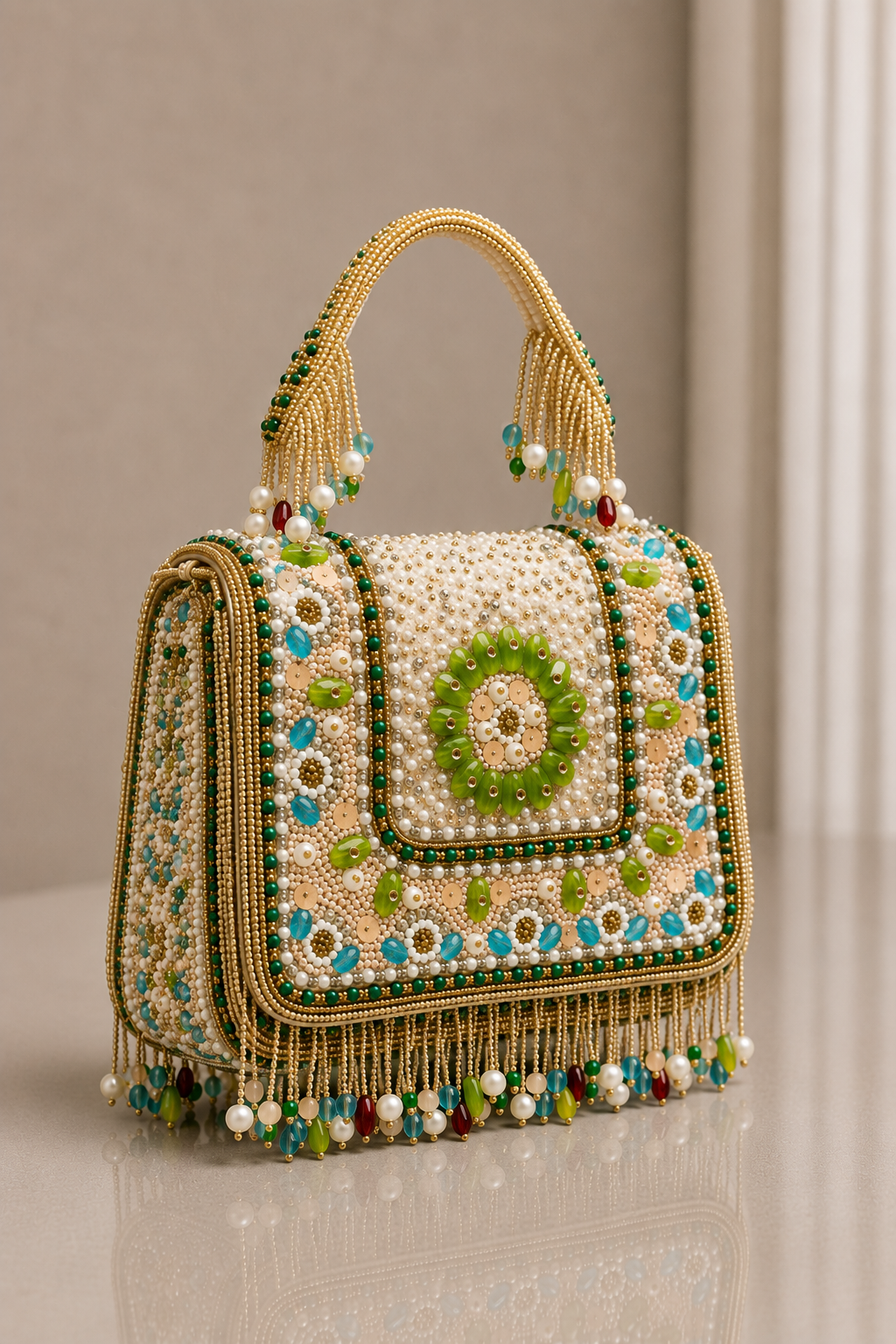 Multicolor Bag with Tassels and Beautiful Handle with Velvet Base