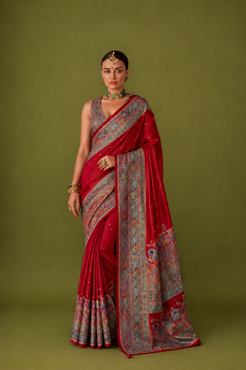 Cherry Red Raw Silk Saree with Heritage Prints