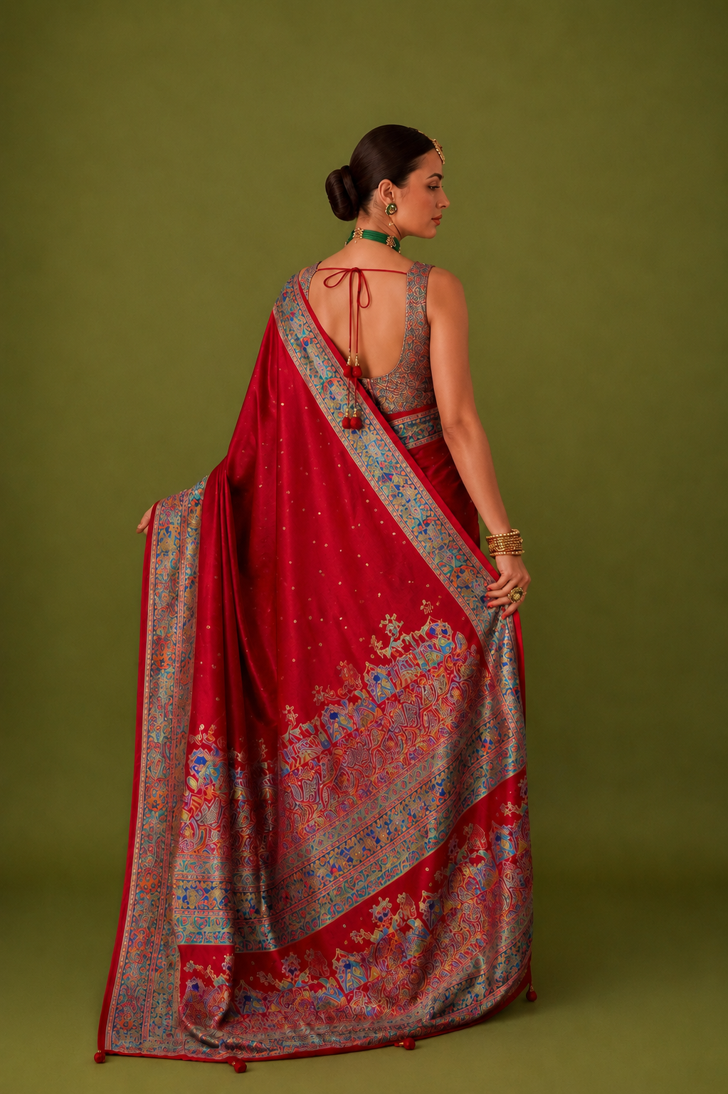 Cherry Red Raw Silk Saree with Heritage Prints