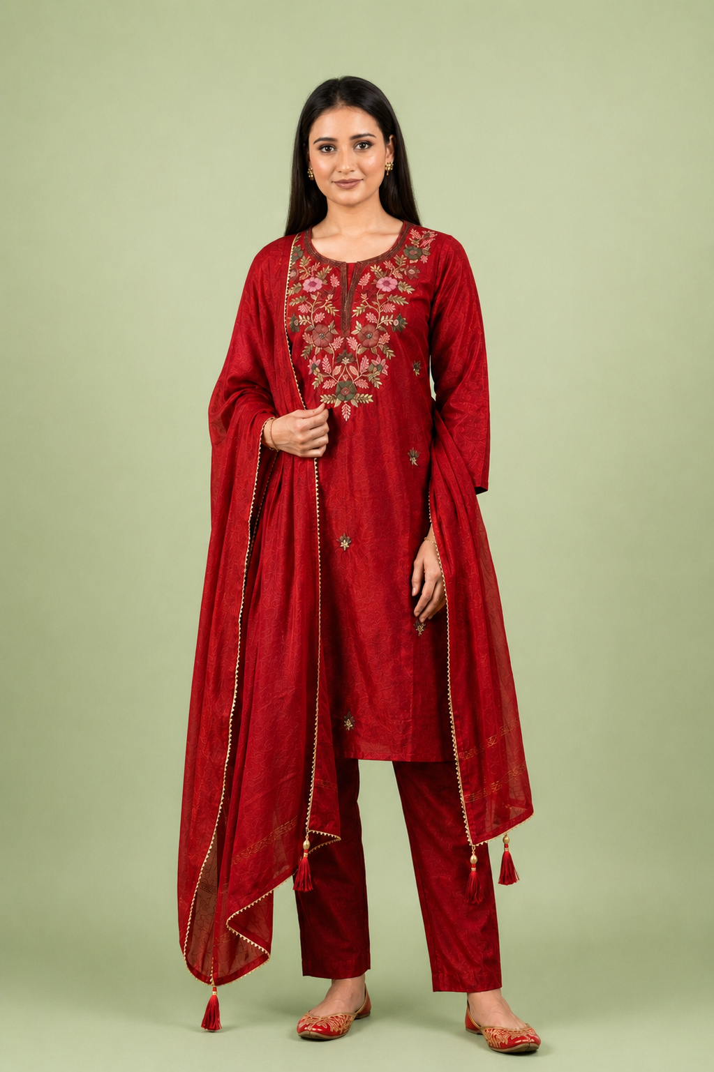 Crimson Silk Kurta Set with Multicolor Floral Embroidery & Thread Work Detailing