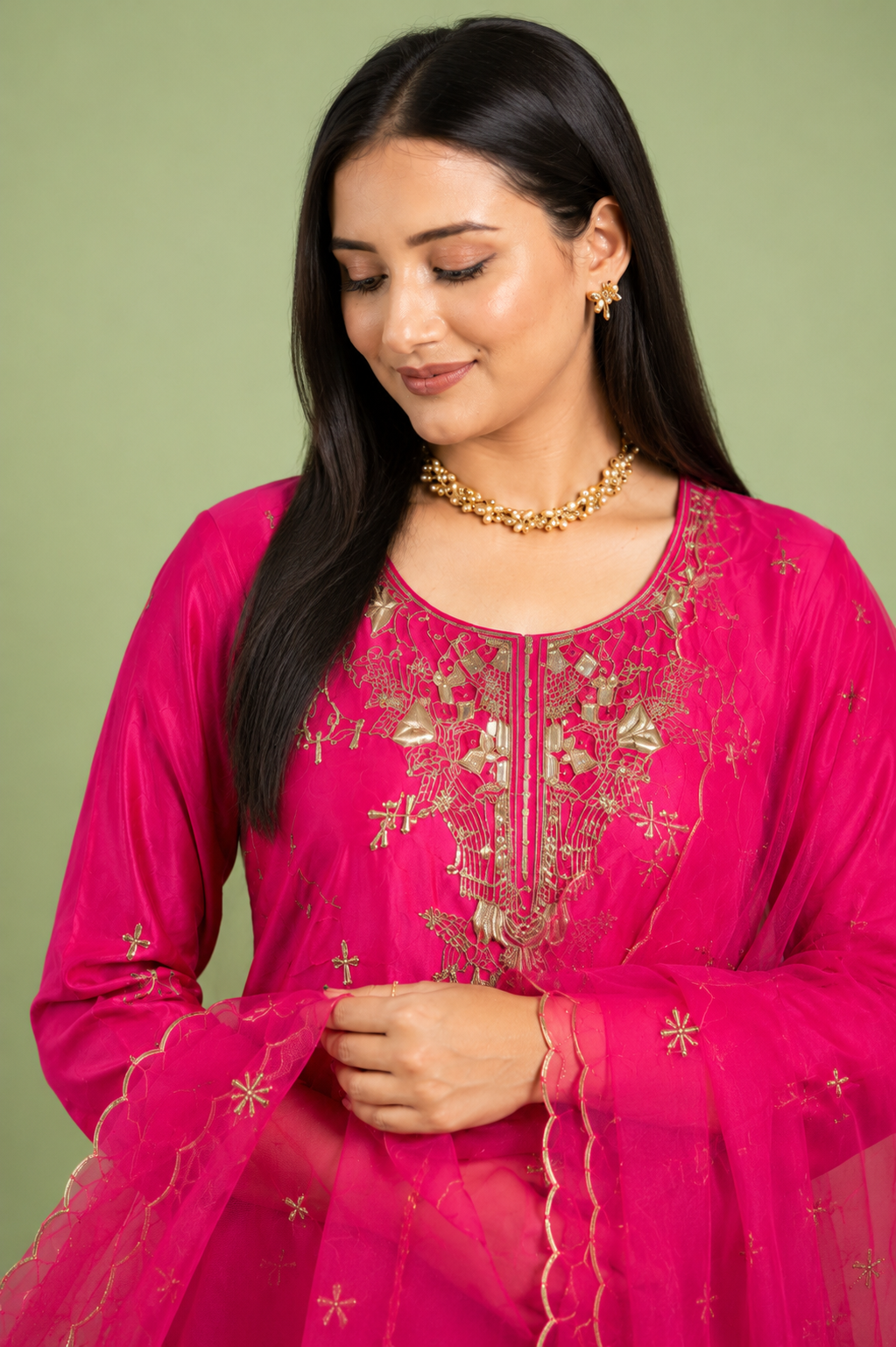 Rani Pink Crepe Silk Straight Kurta with Straight Pant and Hand-Embroidered Sequin Work