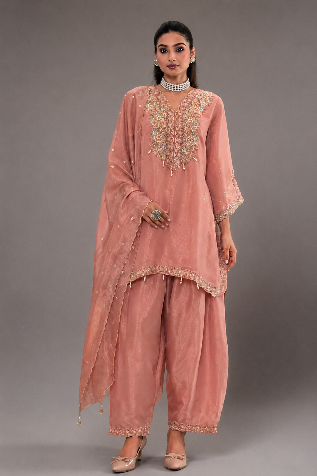 Blush Pink Shimmer Silk Kurta Set with Embroidered Designer Work