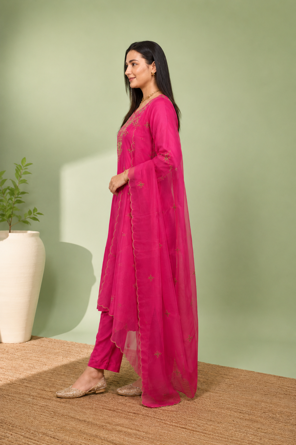 Rani Pink Crepe Silk Straight Kurta with Straight Pant and Hand-Embroidered Sequin Work