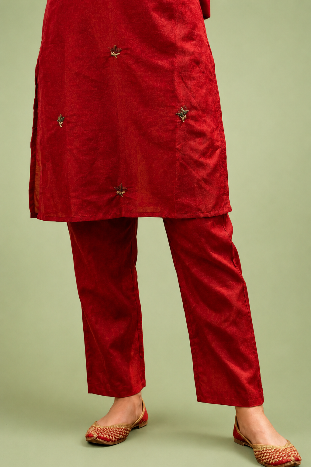 Crimson Silk Kurta Set with Multicolor Floral Embroidery & Thread Work Detailing