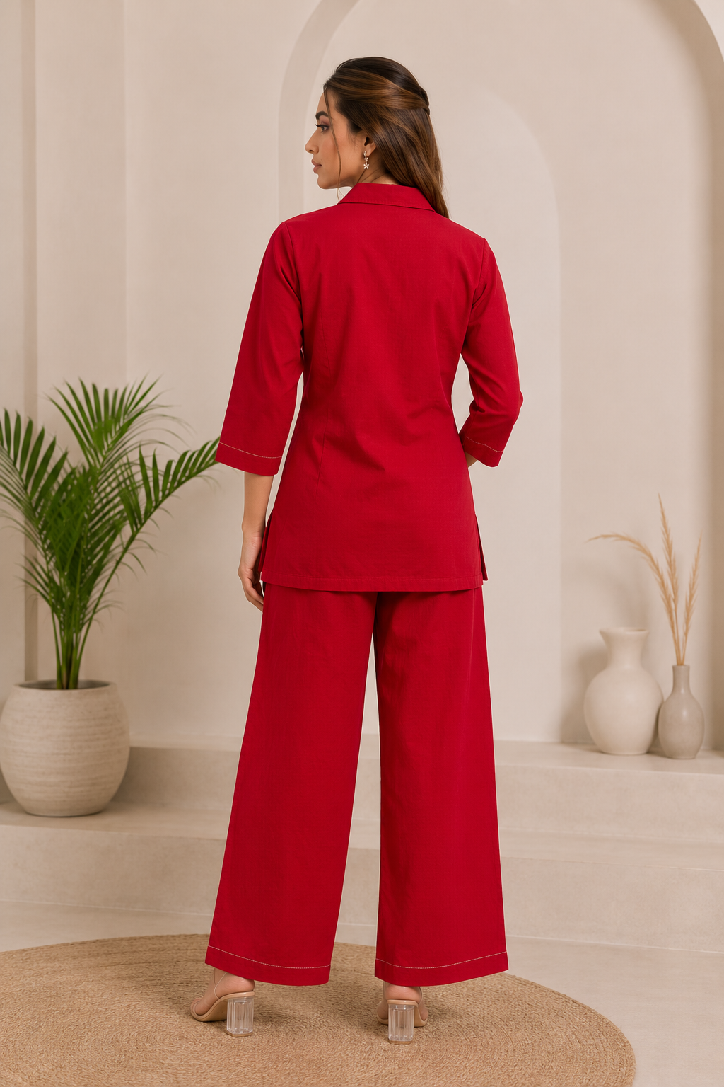 Red Cotton Co-Ord Set with Abstract Floral Thread Embroidery