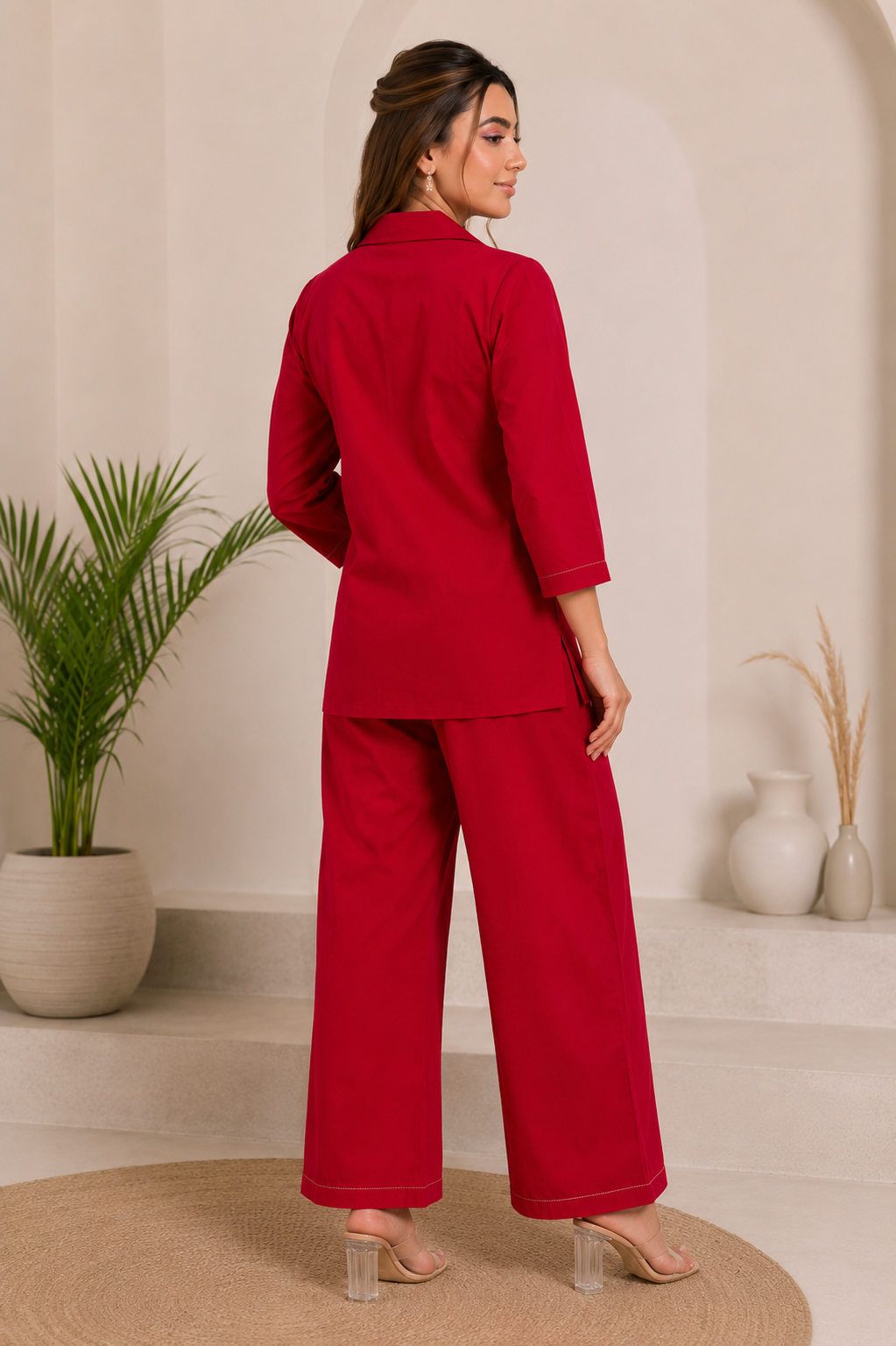 Red Cotton Co-Ord Set with Abstract Floral Thread Embroidery