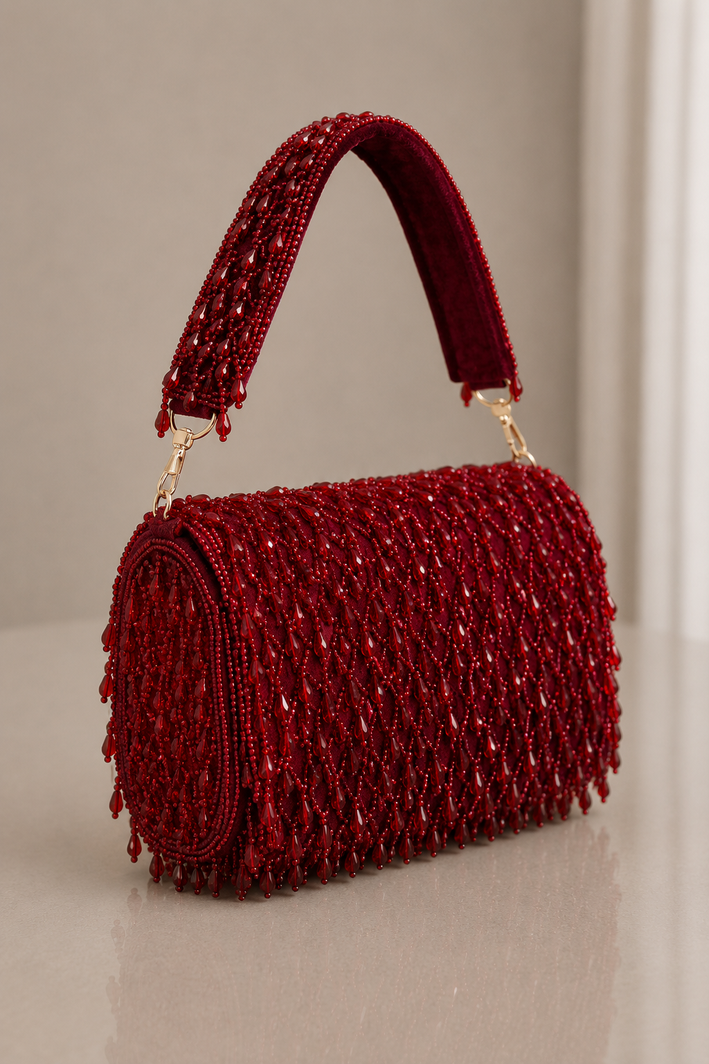 Maroon Red Clutch with Tassels and Beads