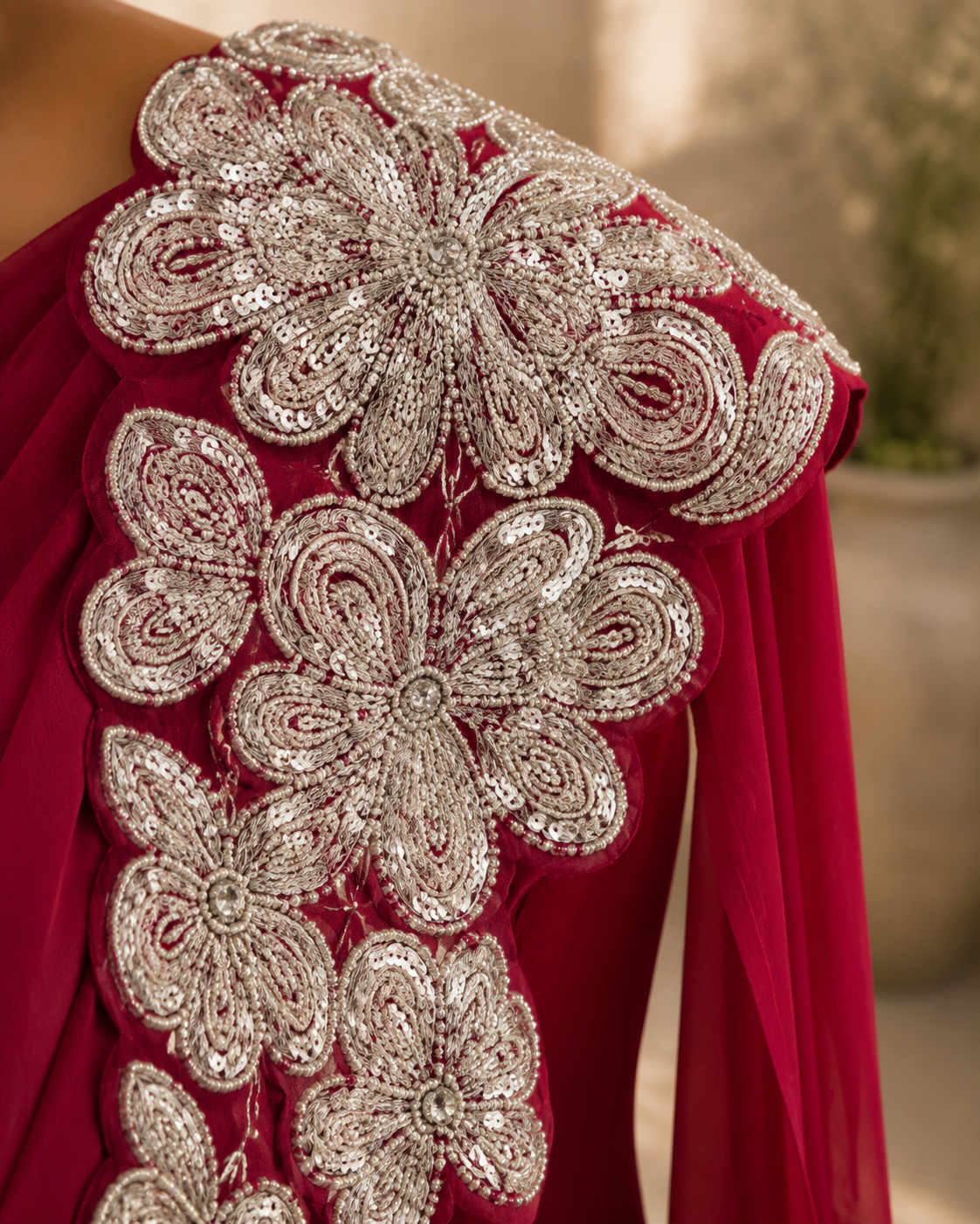 Red Lycra Pre-Draped Saree with Floral Embroidered Ready To Wear Blouse