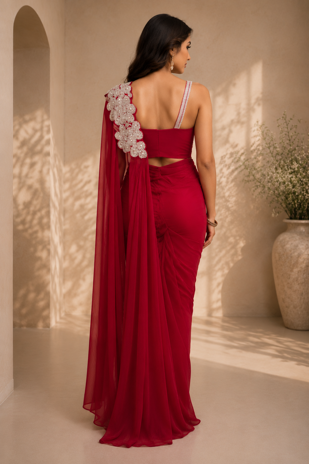 Red Lycra Pre-Draped Saree with Floral Embroidered Ready To Wear Blouse