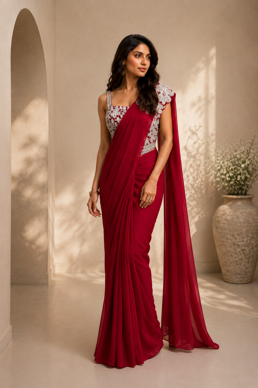 Red Lycra Pre-Draped Saree with Floral Embroidered Ready To Wear Blouse