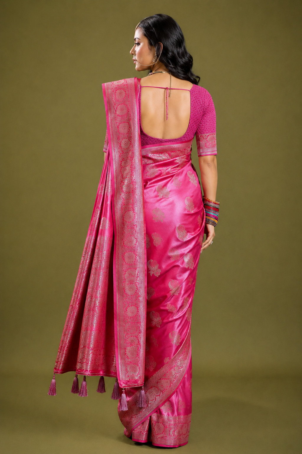 Rani Pink Banarasi Satin Silk Rich Pallu Saree with Silver Zari Weaving Detailing