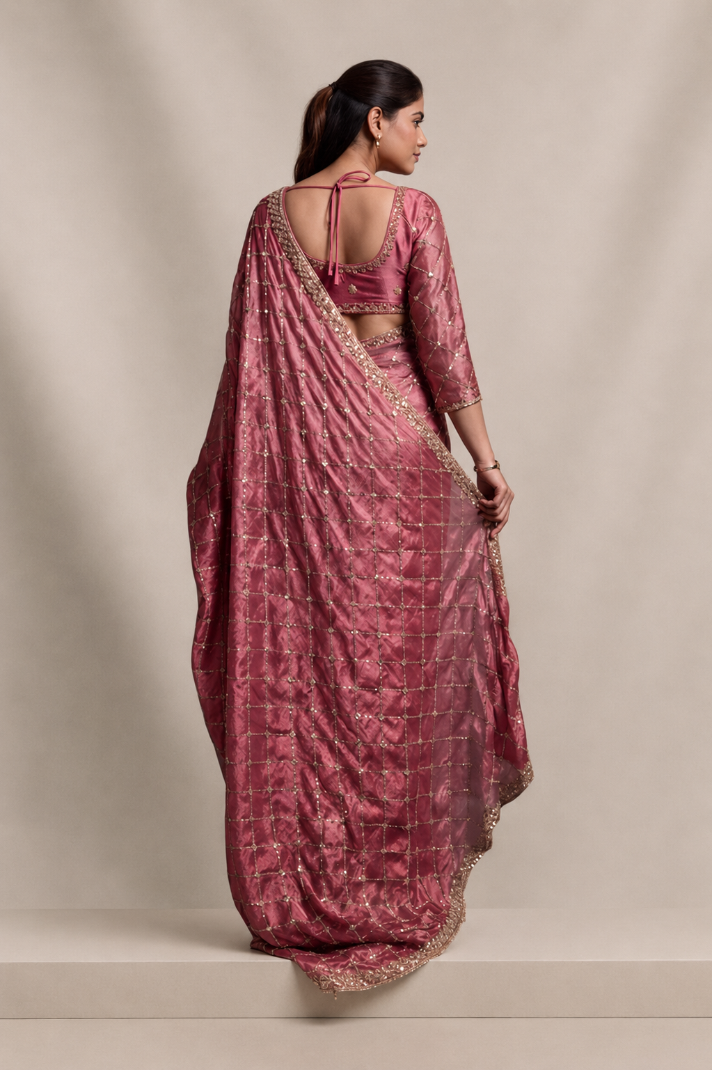 Rose Pink Organza Silk Saree with Hand Embroidery with Stitched Blouse