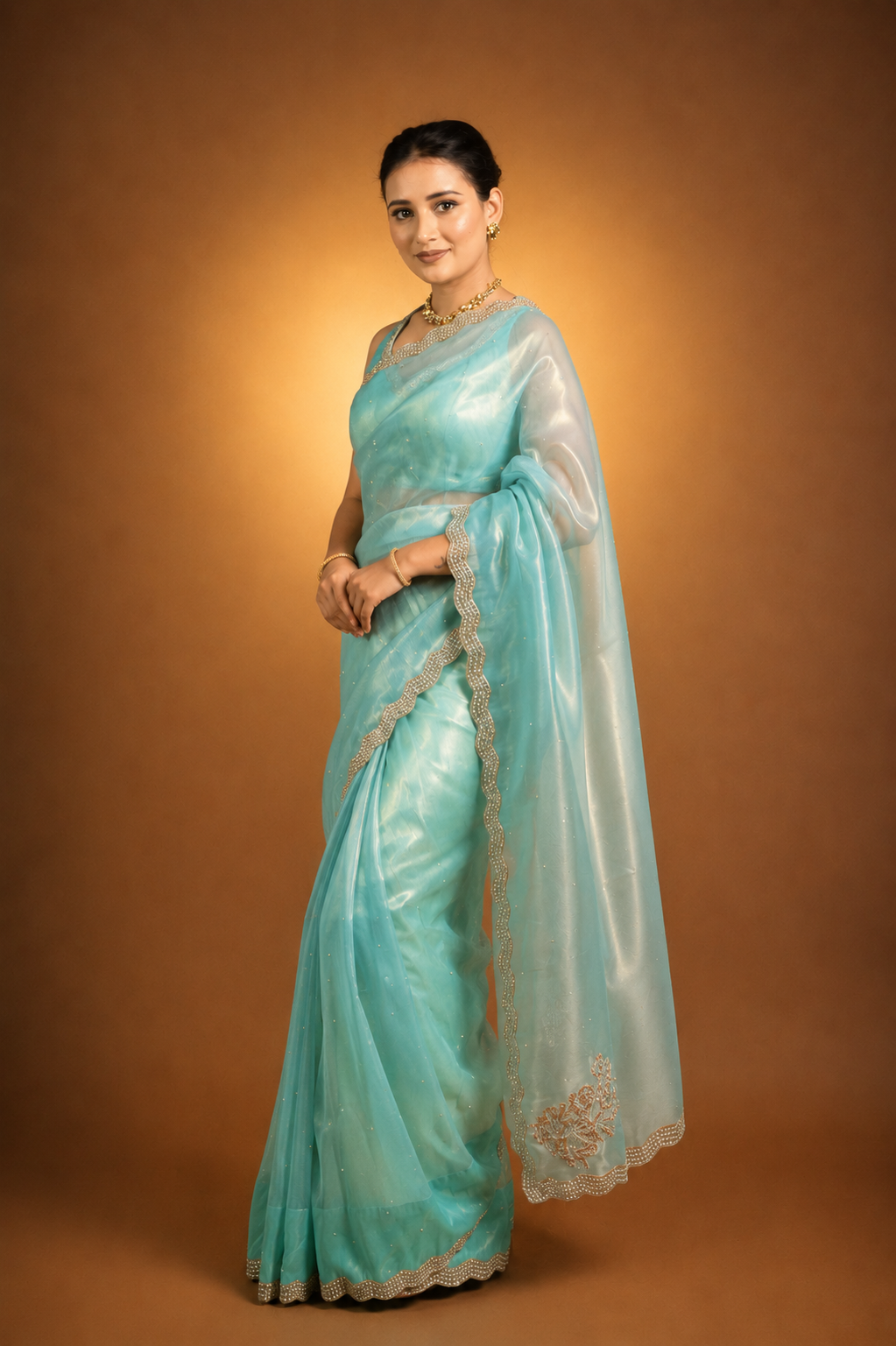 Sea Green Shimmer Organza Saree with Pearl and Sequin work