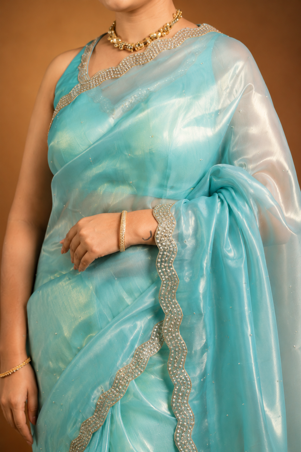 Sea Green Shimmer Organza Saree with Pearl and Sequin work