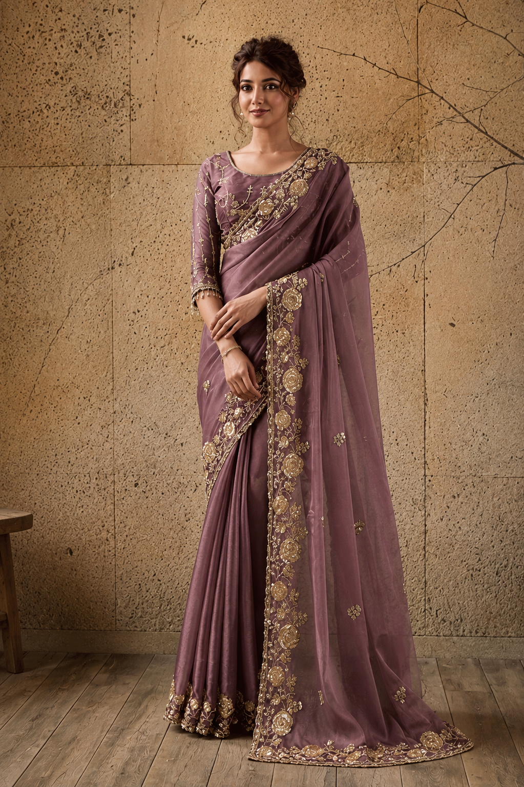 Mauve Pink Organza Saree with Floral Hand Embroidery