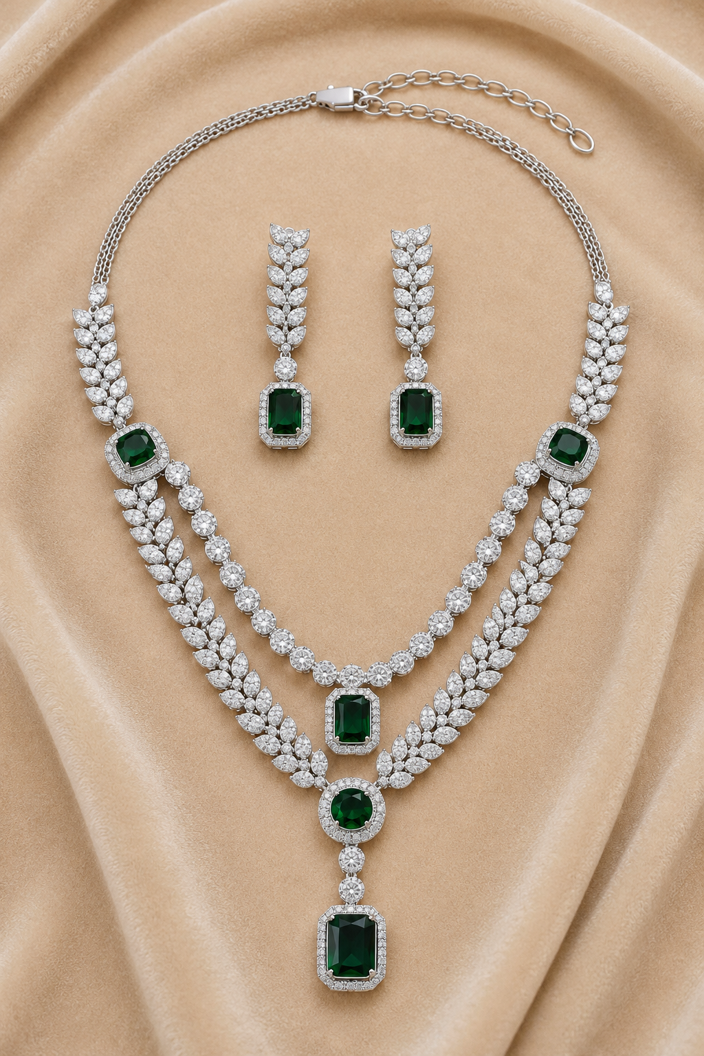 Emerald Green American Diamond Double-Layer Leaf Necklace