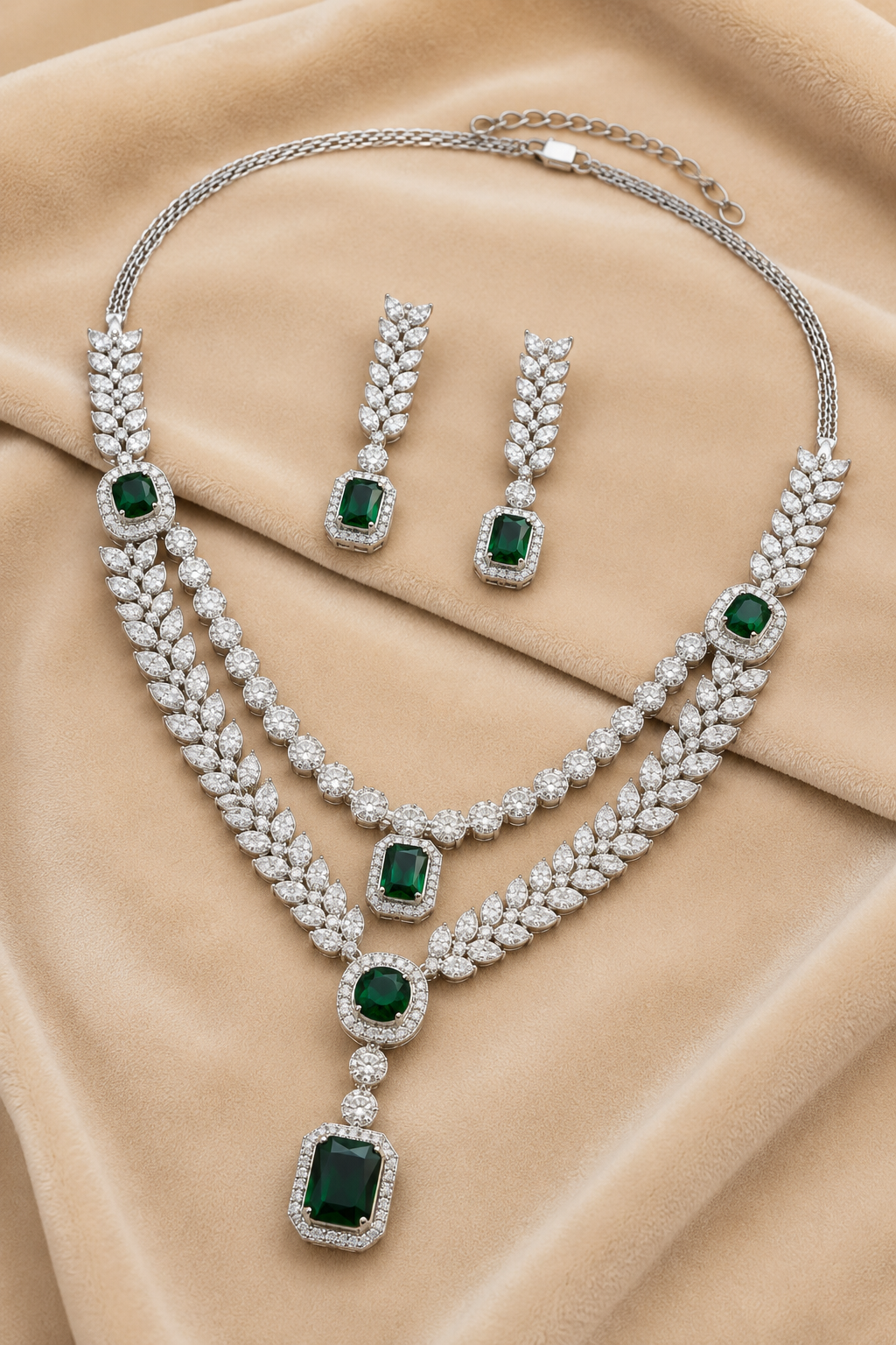 Emerald Green American Diamond Double-Layer Leaf Necklace
