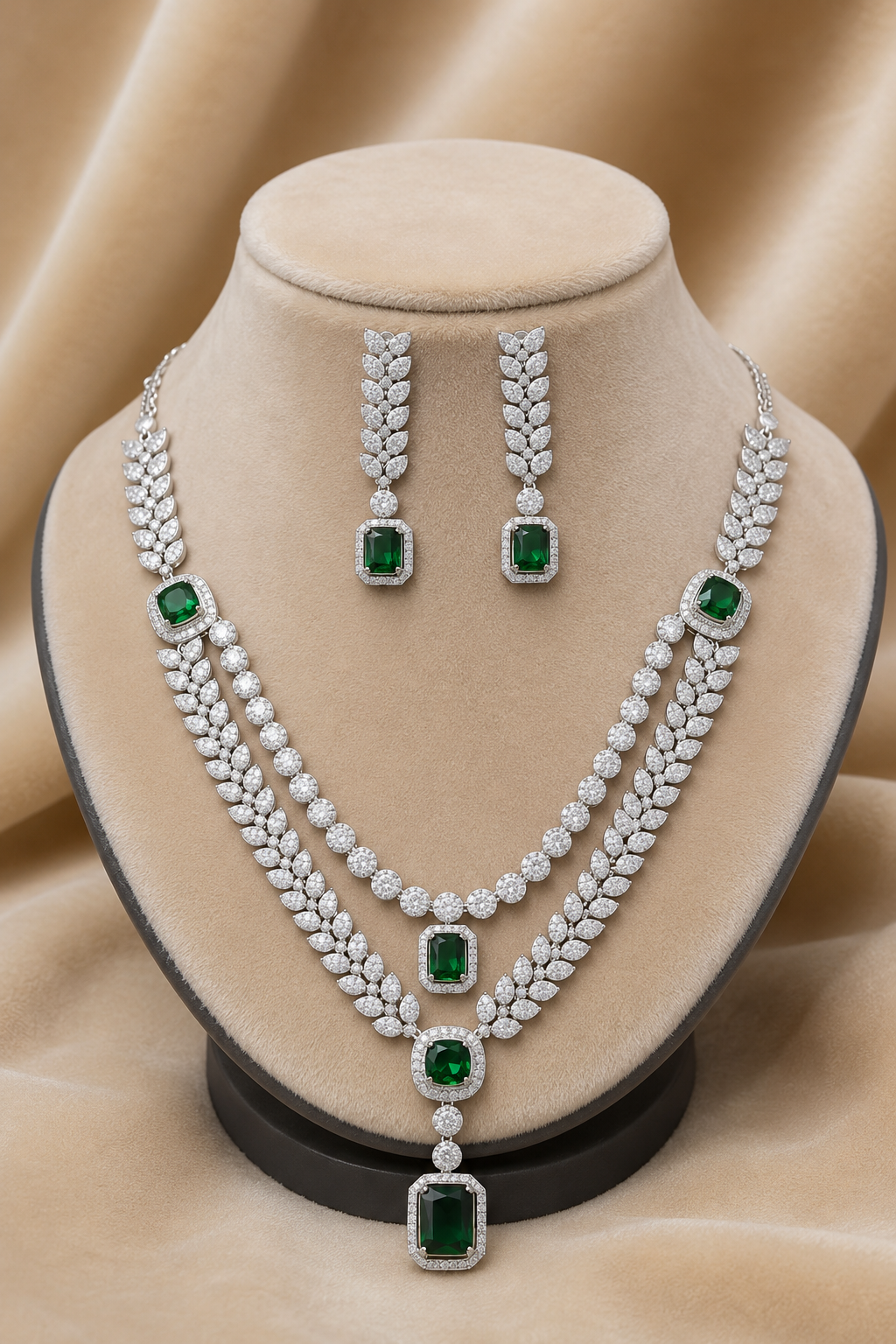 Emerald Green American Diamond Double-Layer Leaf Necklace