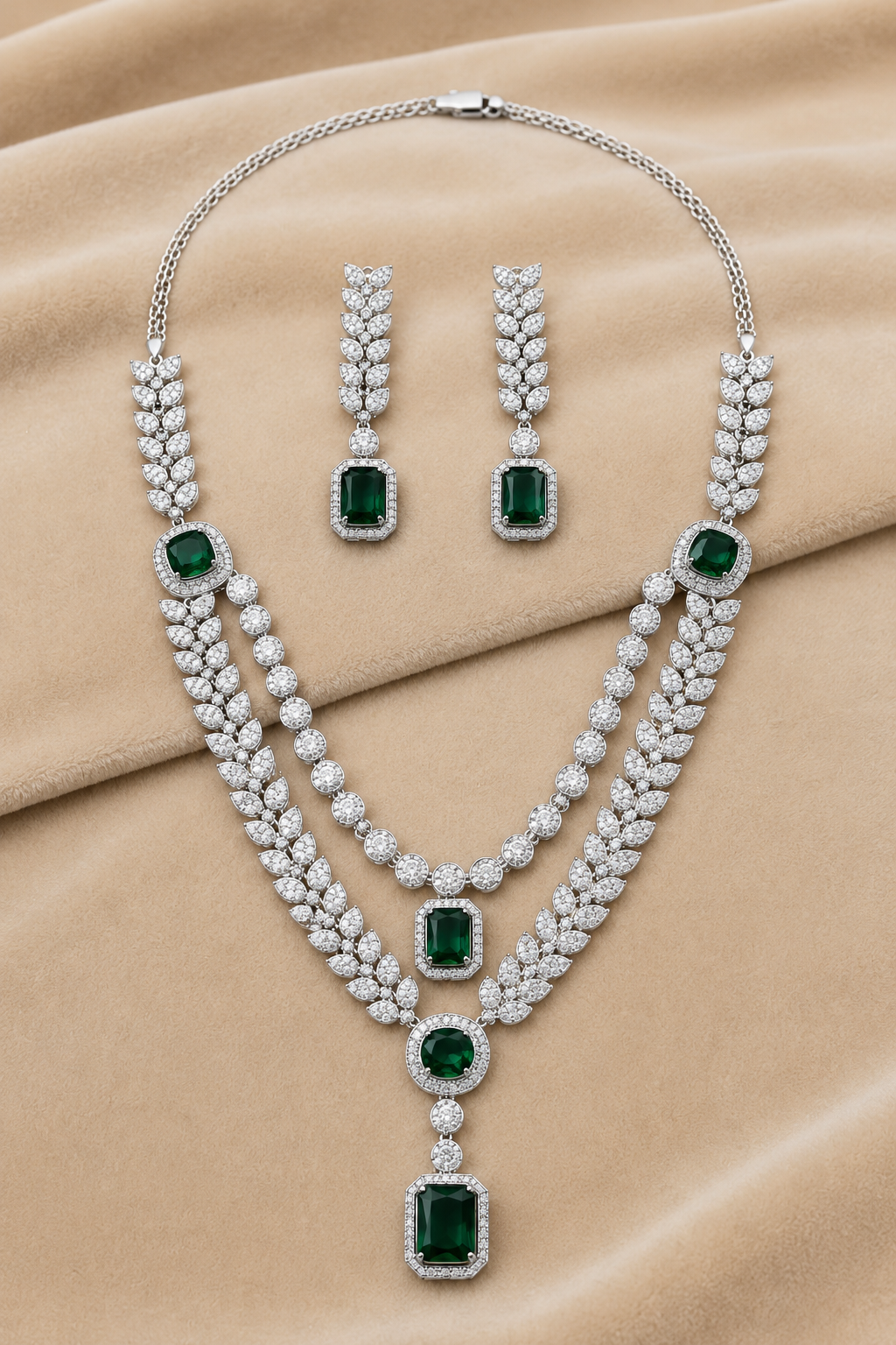 Emerald Green American Diamond Double-Layer Leaf Necklace