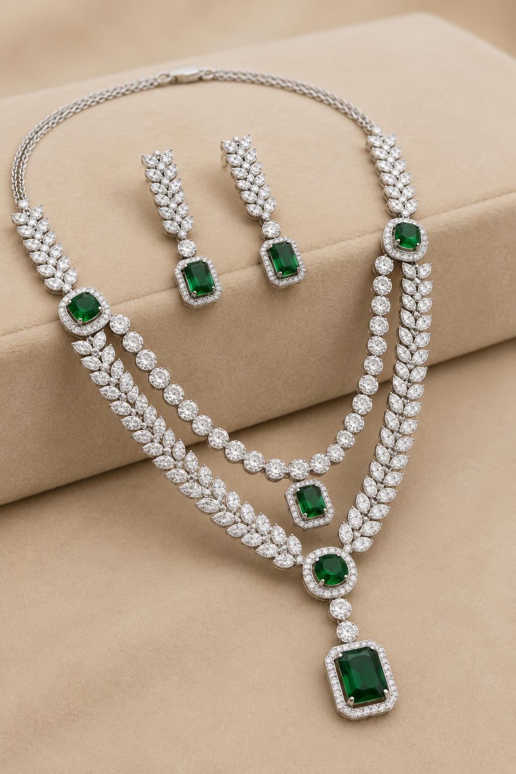 Emerald Green American Diamond Double-Layer Leaf Necklace
