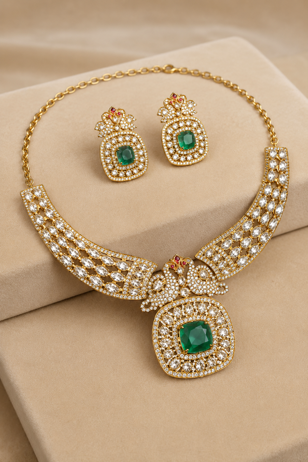 Gold Kundan-Style Green Stone Necklace Set with Intricate Filigree Detailing & Matching Earrings