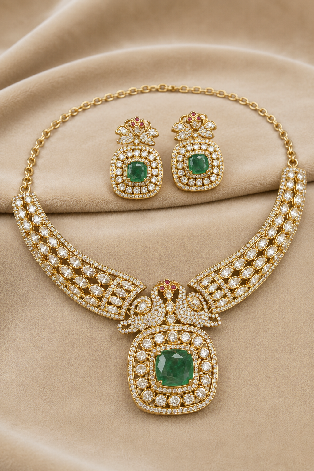 Gold Kundan-Style Green Stone Necklace Set with Intricate Filigree Detailing & Matching Earrings