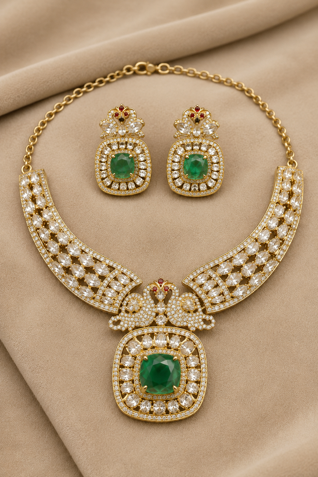 Gold Kundan-Style Green Stone Necklace Set with Intricate Filigree Detailing & Matching Earrings