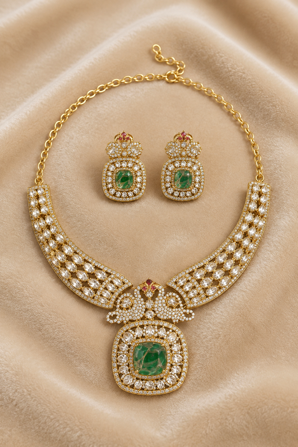 Gold Kundan-Style Green Stone Necklace Set with Intricate Filigree Detailing & Matching Earrings