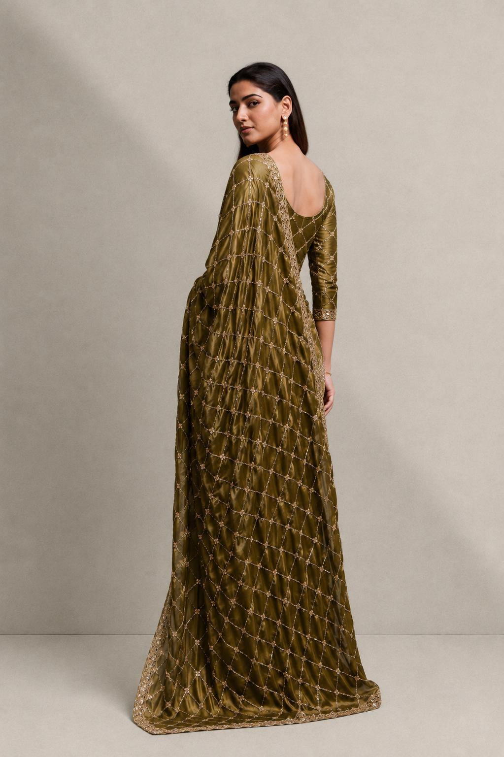 Mehandi Green Organza Silk Saree with Hand Embroidery with Stitched Blouse