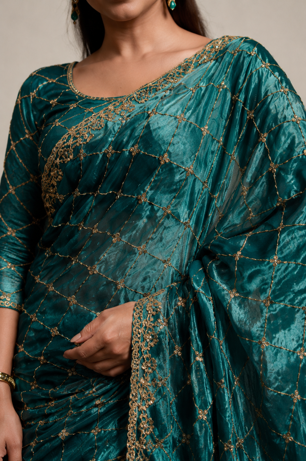 Teal Blue Organza Silk Saree with Hand Embroidery with Stitched Blouse