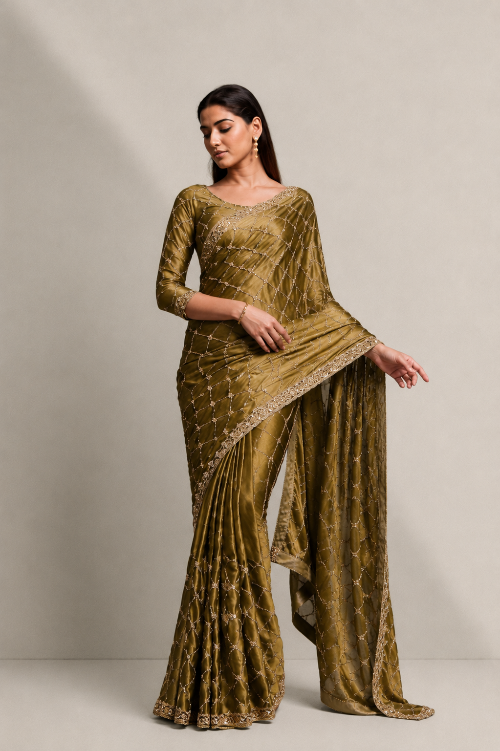 Mehandi Green Organza Silk Saree with Hand Embroidery with Stitched Blouse