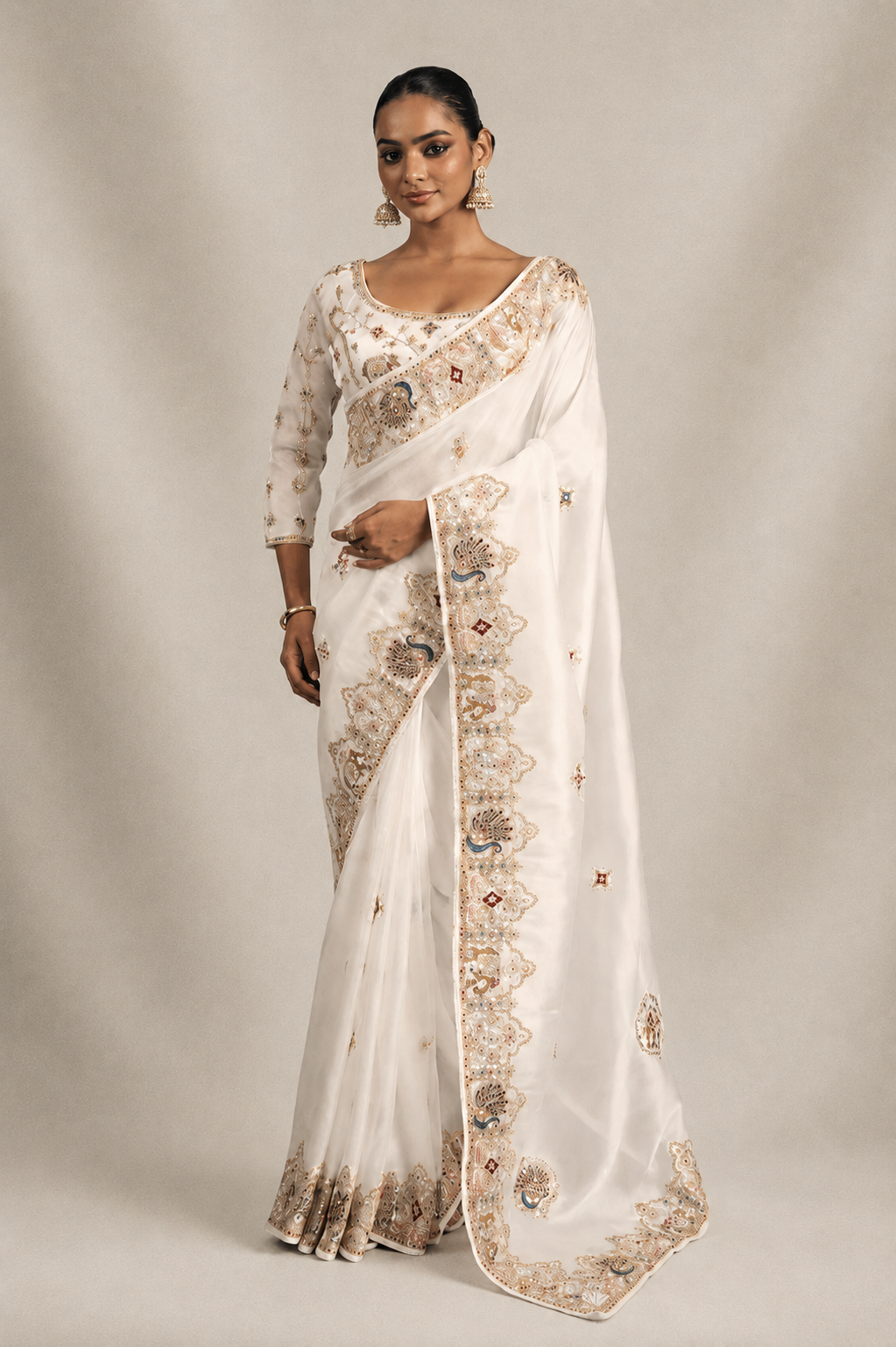 Ivory White Organza Saree with Peacock Hand Embroidery with Stitched Blouse