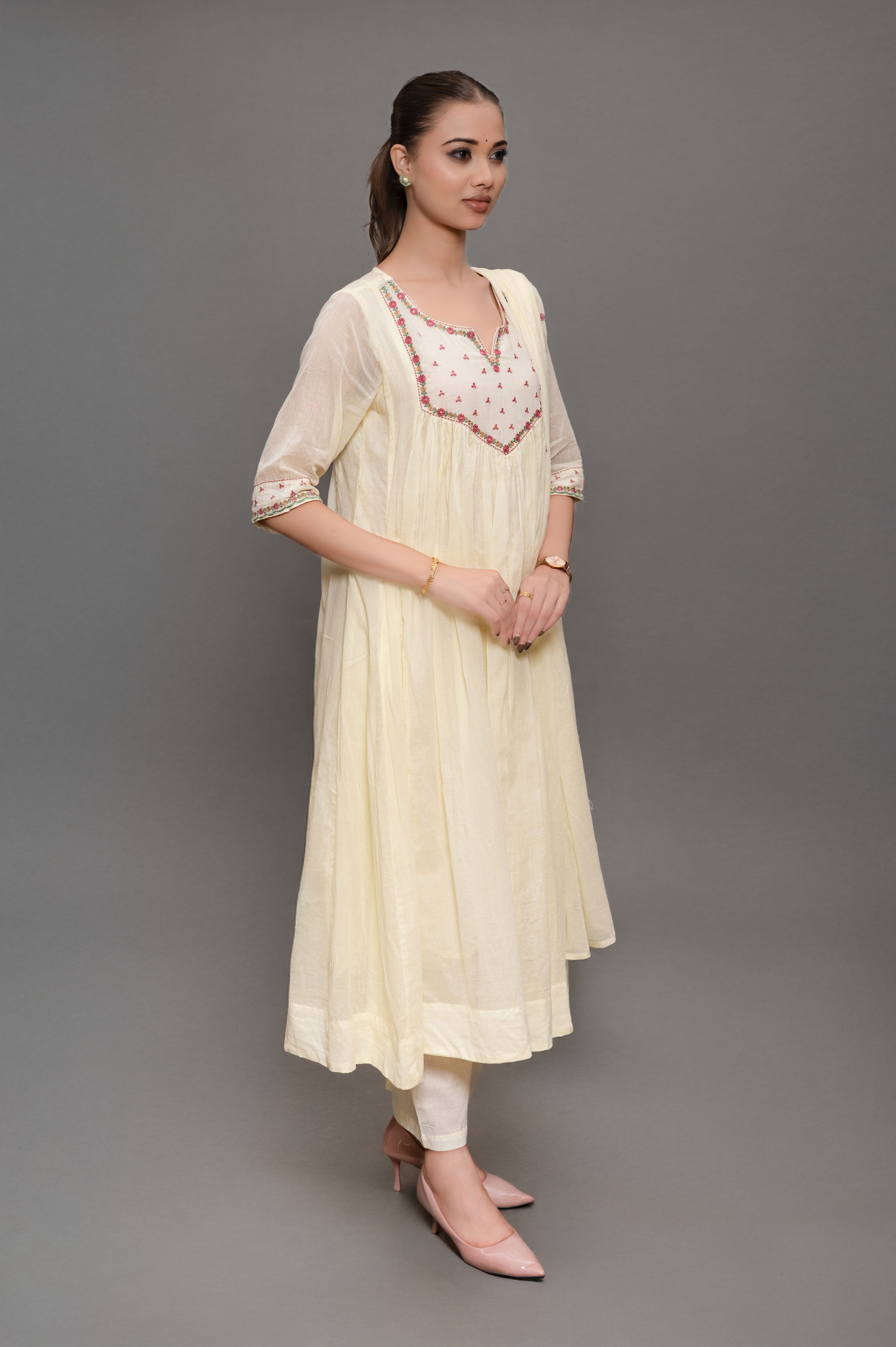 Wine Red Frock Suit with Pant & Dupatta With Thread Embroidery