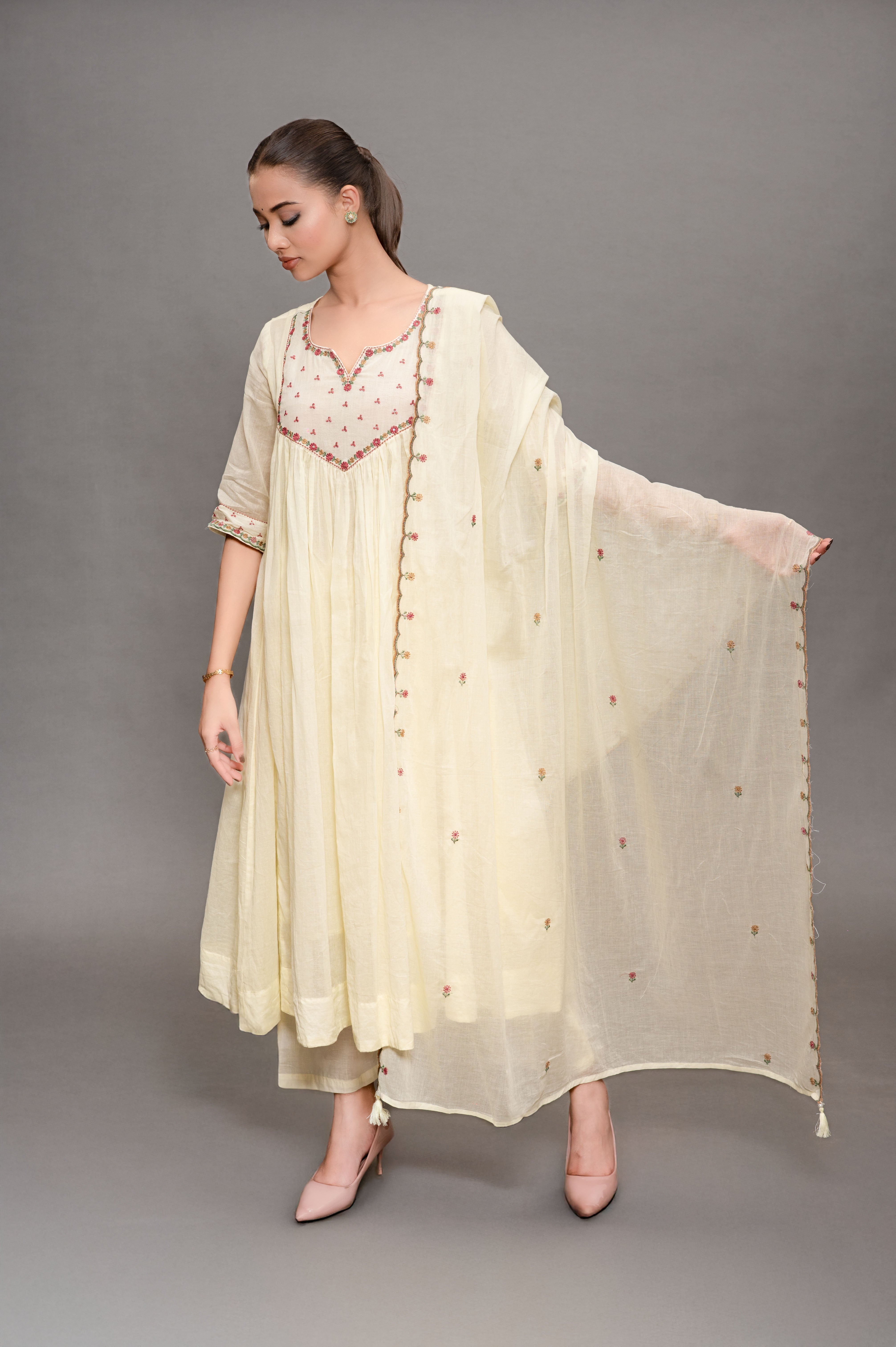 Wine Red Frock Suit with Pant & Dupatta With Thread Embroidery