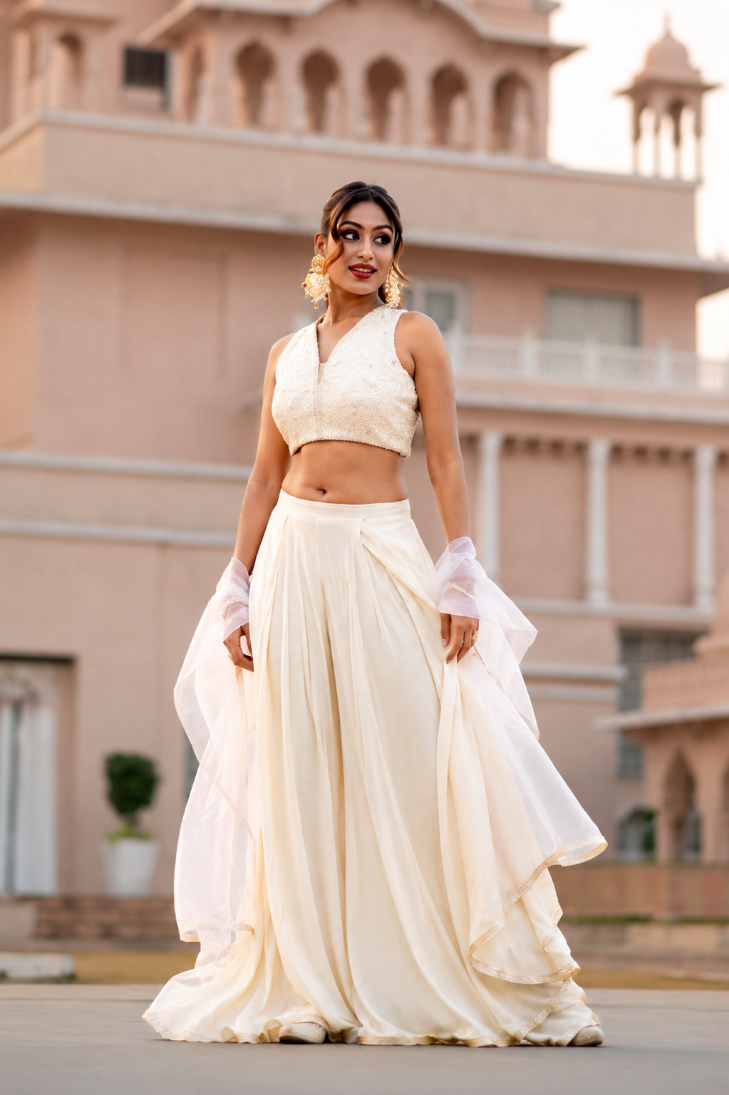 Ivory White Crepe Palazzo Pants with Embroidered Crop Top and Dupatta