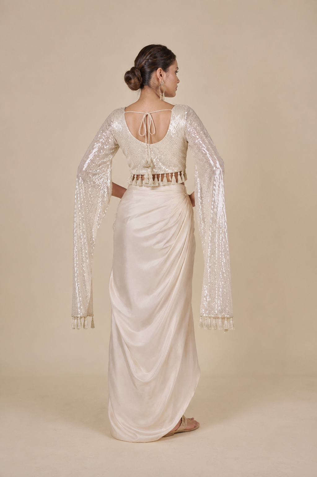 Ivory Cream Long Hanging Sleeves Top with Dhoti Pleated Skirt