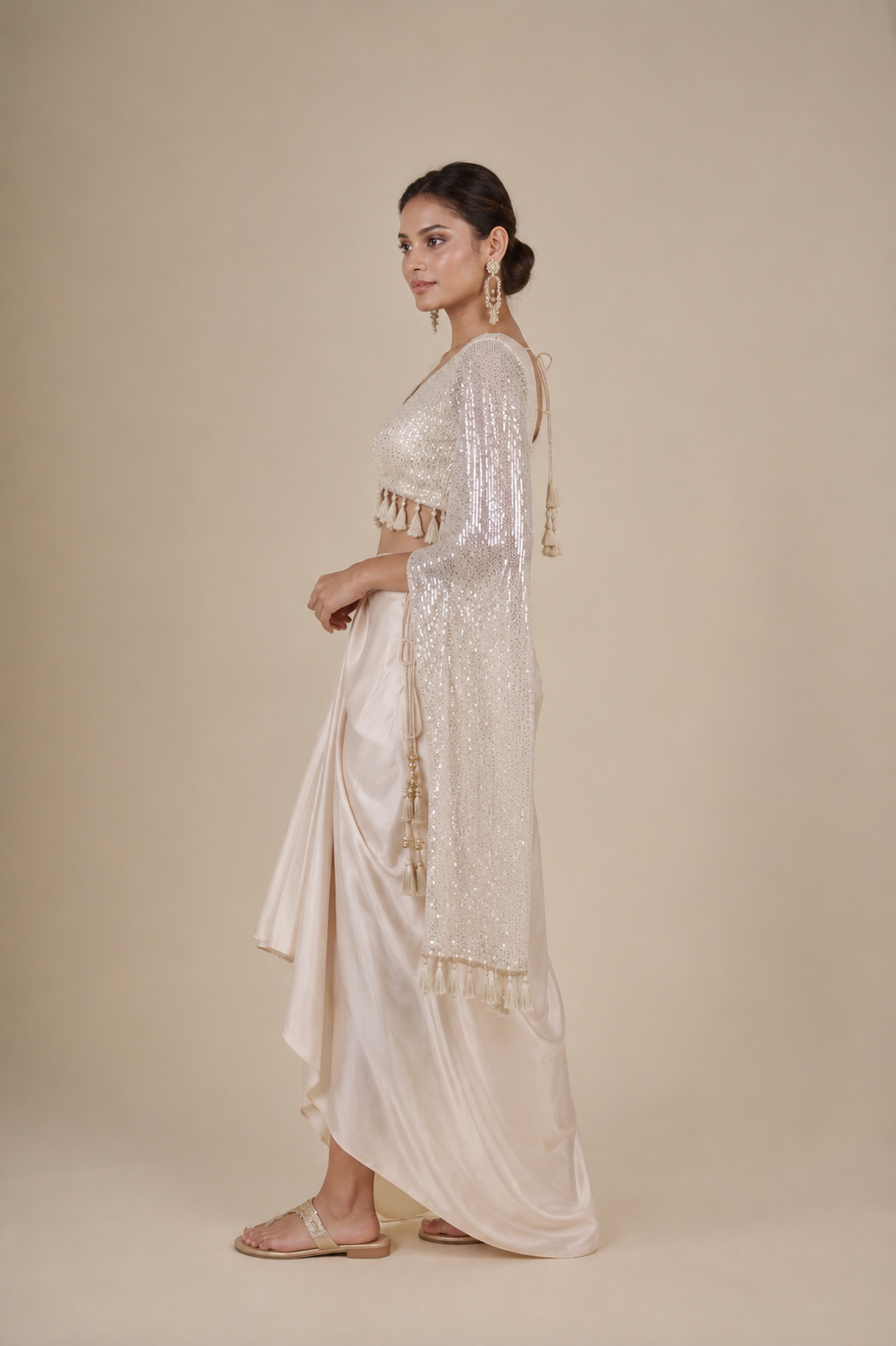 Ivory Cream Long Hanging Sleeves Top with Dhoti Pleated Skirt