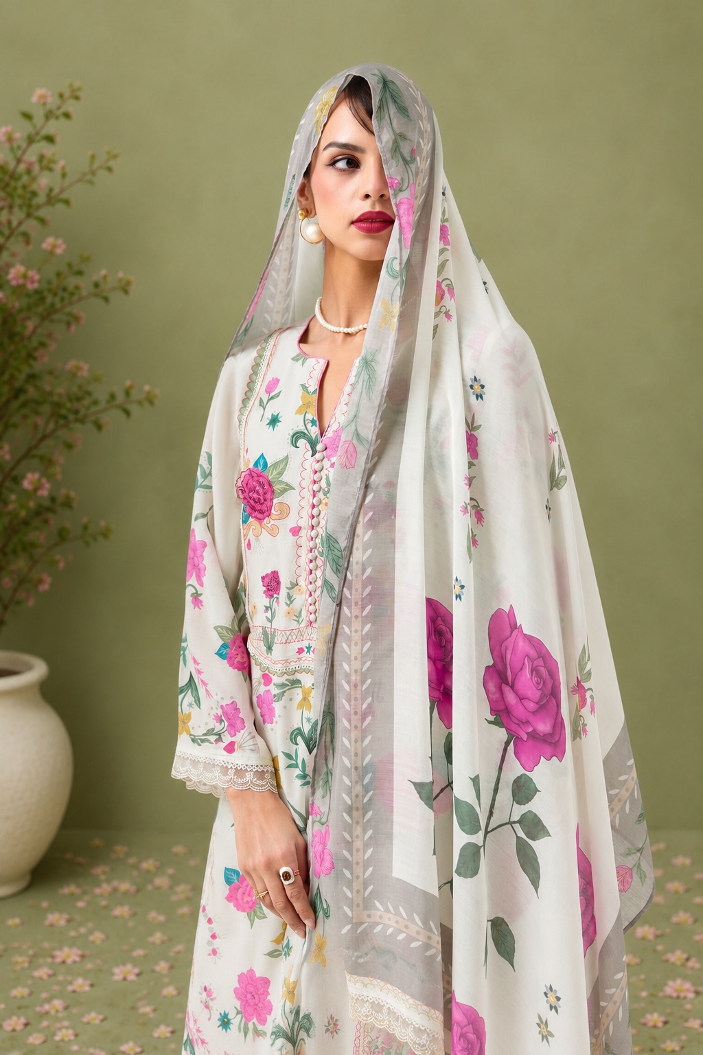 Off-White Pure Cotton Lawn Suit Set With Resham Embroidery, Digital Print & Scalloped Crochet Design