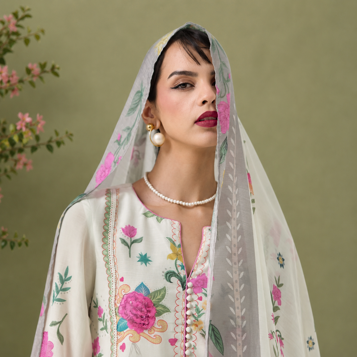 Off-White Pure Cotton Lawn Suit Set With Resham Embroidery, Digital Print & Scalloped Crochet Design