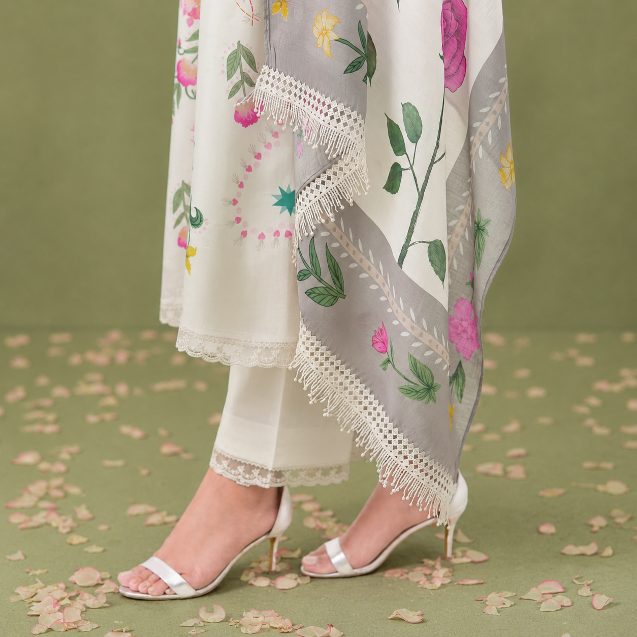 Off-White Pure Cotton Lawn Suit Set With Resham Embroidery, Digital Print & Scalloped Crochet Design