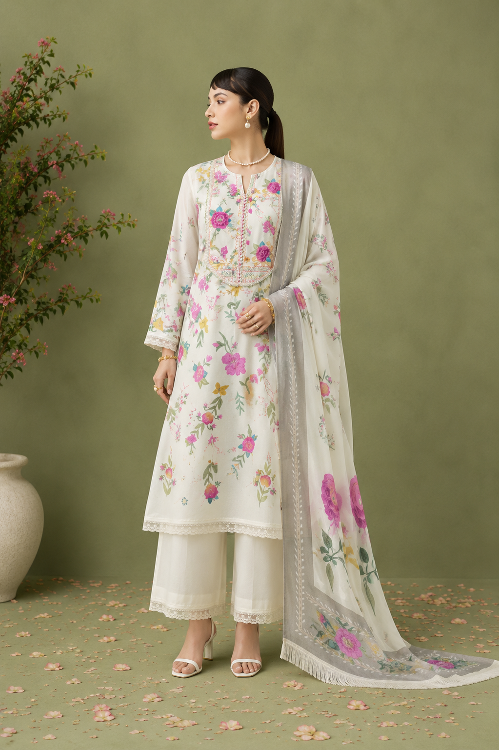 Off-White Pure Cotton Lawn Suit Set With Resham Embroidery, Digital Print & Scalloped Crochet Design