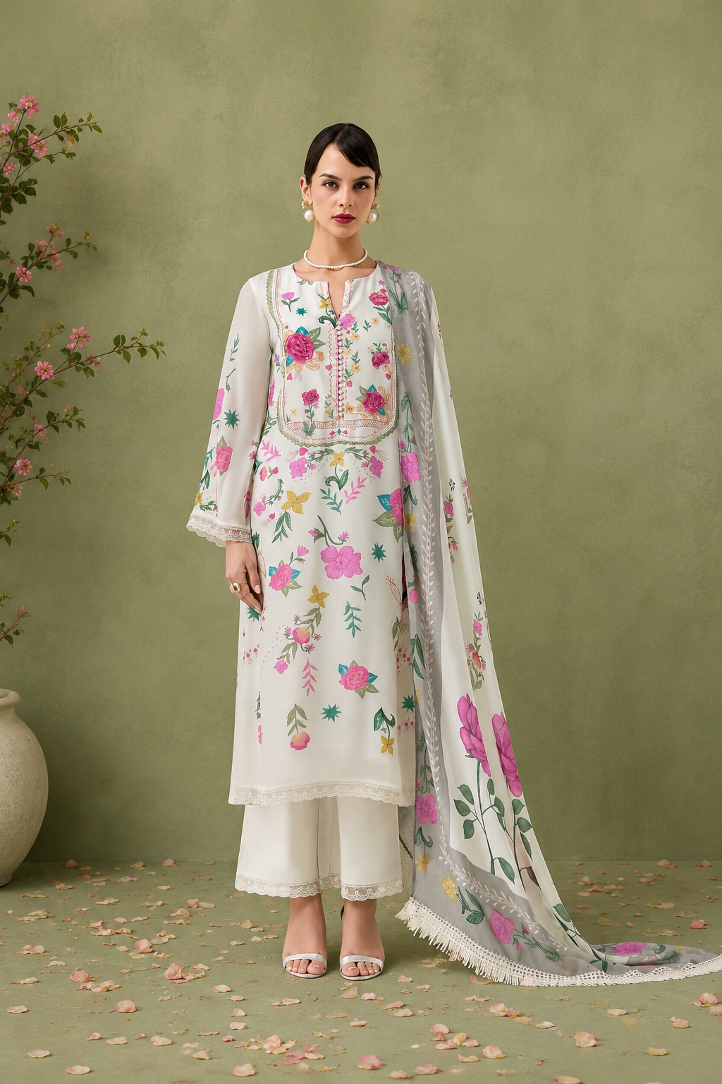Off-White Pure Cotton Lawn Suit Set With Resham Embroidery, Digital Print & Scalloped Crochet Design