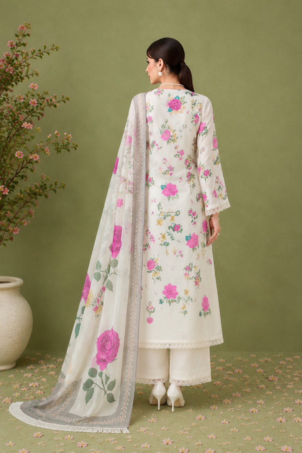 Off-White Pure Cotton Lawn Suit Set With Resham Embroidery, Digital Print & Scalloped Crochet Design