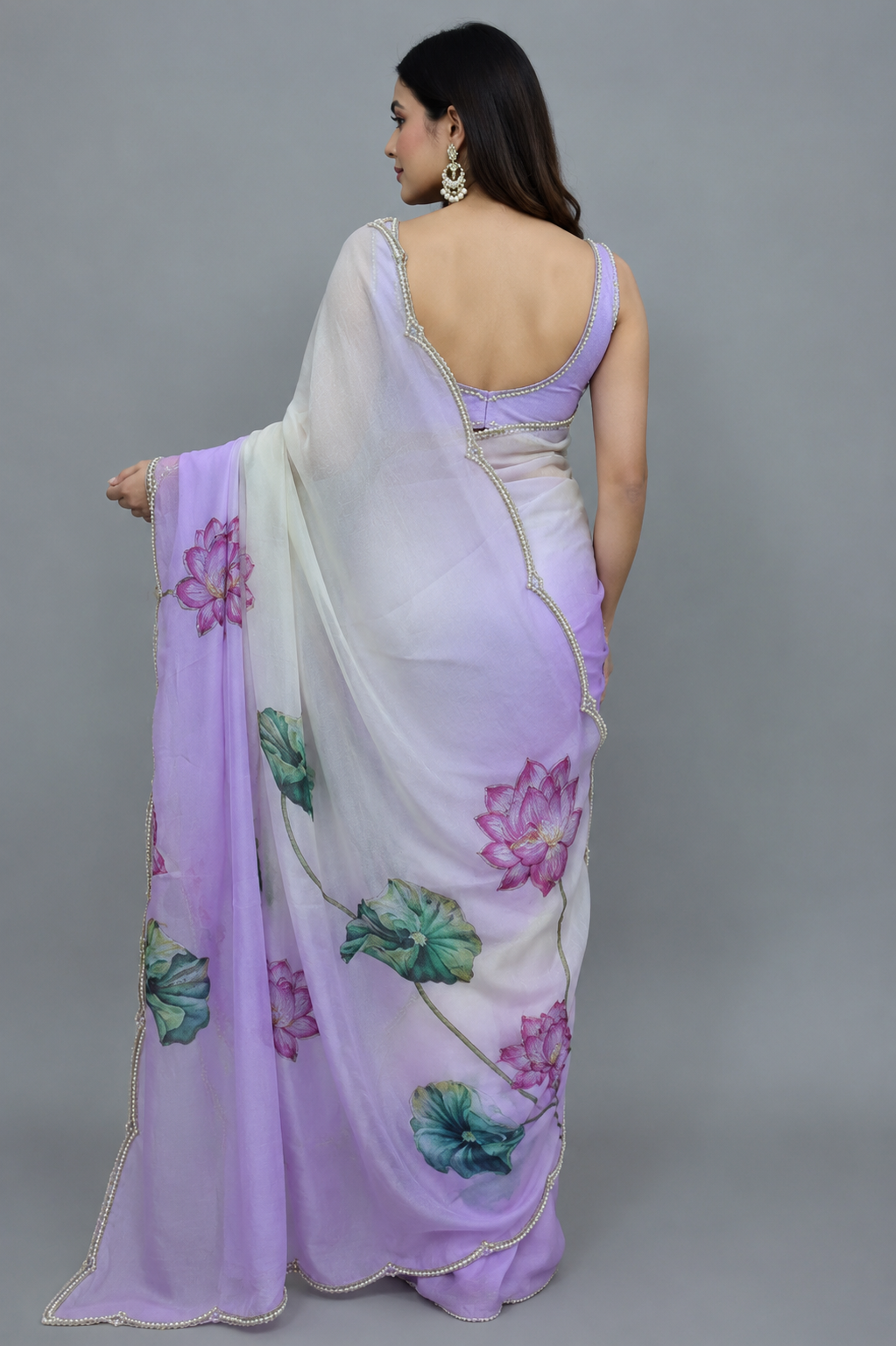 Light Purple Soft Tebi Silk Shaded Saree with Floral Digital Print & Moti Handwork Border