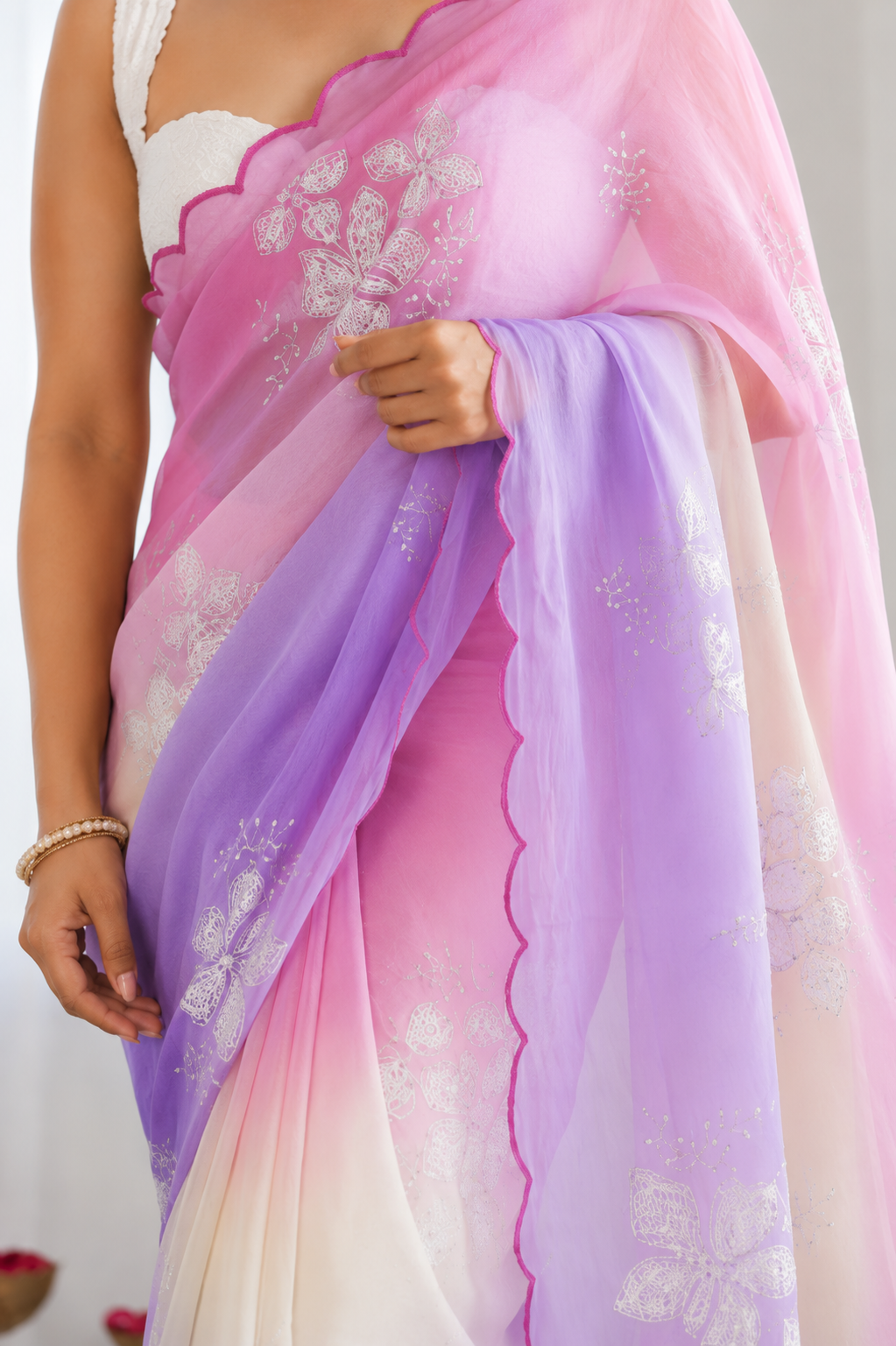 Pink Purple Pastel Shaded Chinon Silk Saree with Sequin Embroidery & Khatli Border