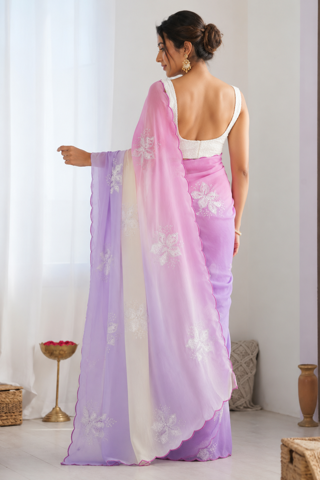 Pink Purple Pastel Shaded Chinon Silk Saree with Sequin Embroidery & Khatli Border