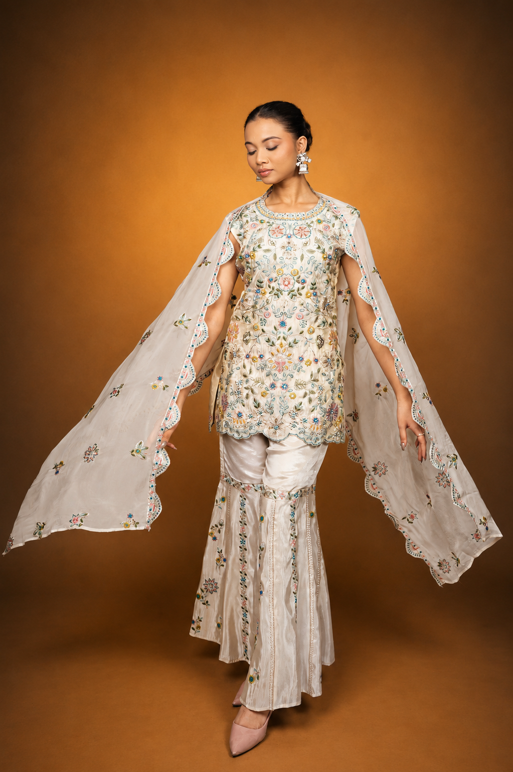 Ivory Cream White Crepe Garara Set with Pearl Embroidery